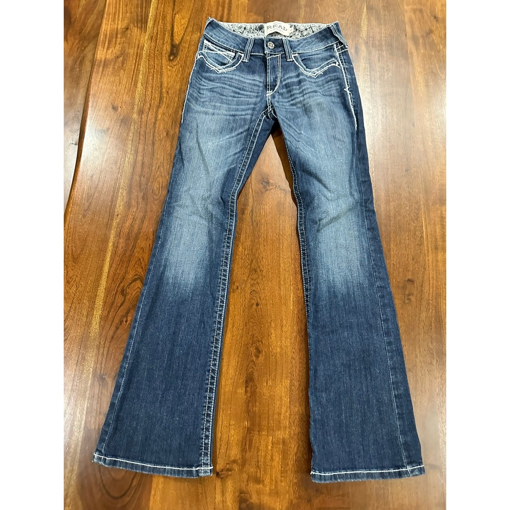 Ariat Real Mid Rise Boot Entwined Jeans Bootcut Contrast Stitch Marine Size 28R